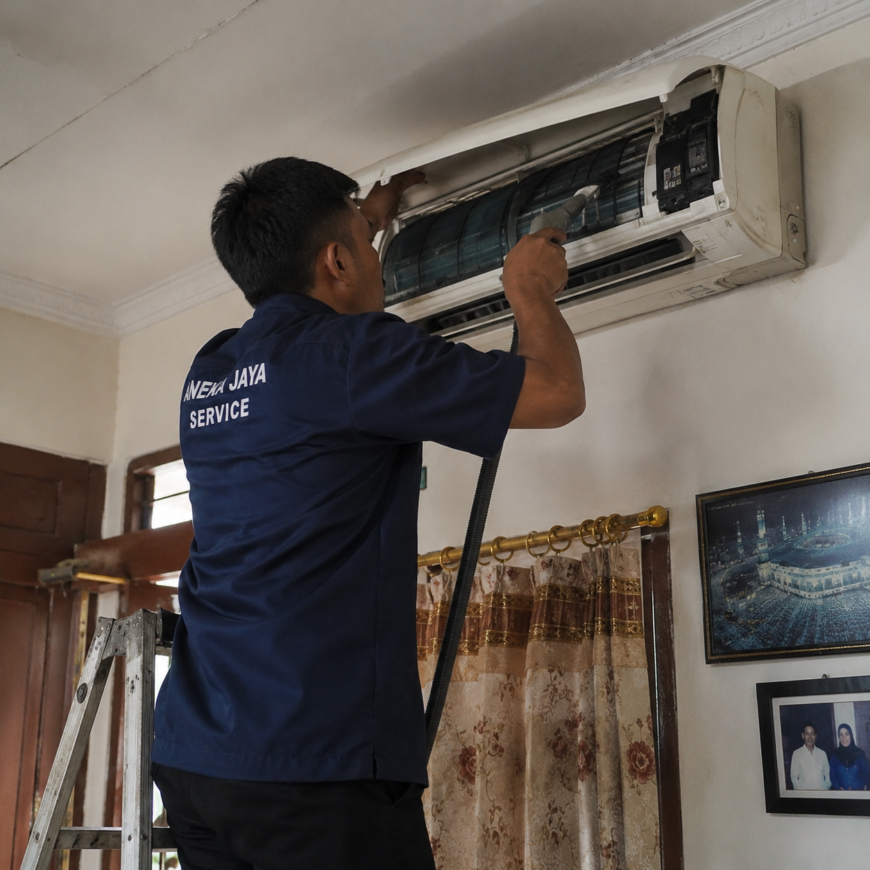 Teknisi melakukan perawatan AC rumah